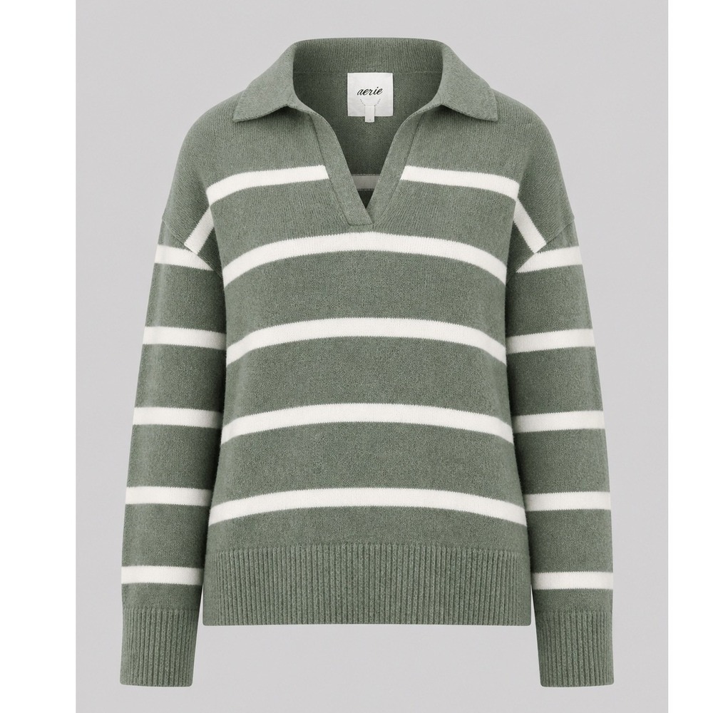 Aerie Womens M Striped Polo Collar V-Neck‎ Sweater Sage Green White Relaxed Fit